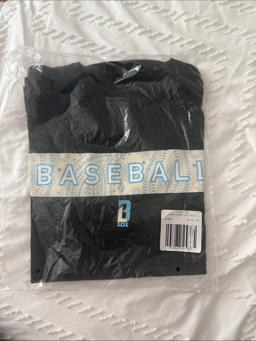 Baseball Lifestyle 101 tee- Black with Light Blue Paisley Logo.  Youth Medium